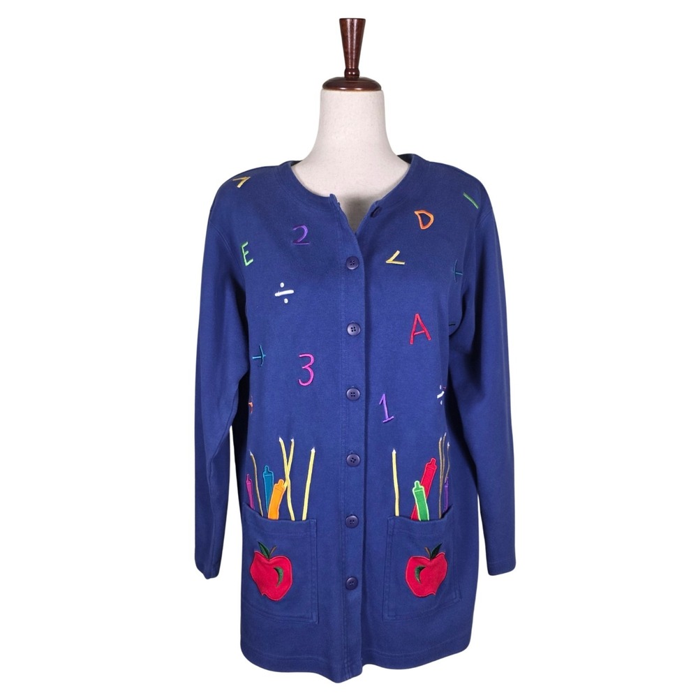 Vintage 90s Teacher Sweater Size M Alphabet Pencils Oversized Wearable Art - Picture 3 of 13
